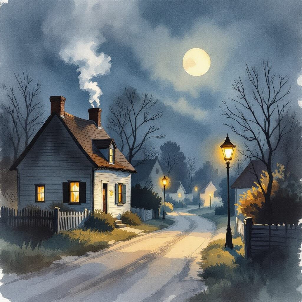 Quiet Village Night in Liquid Watercolor Style