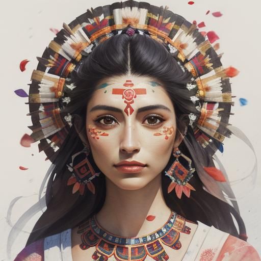 portrait of Aztec young woman with petals flying out of her ...