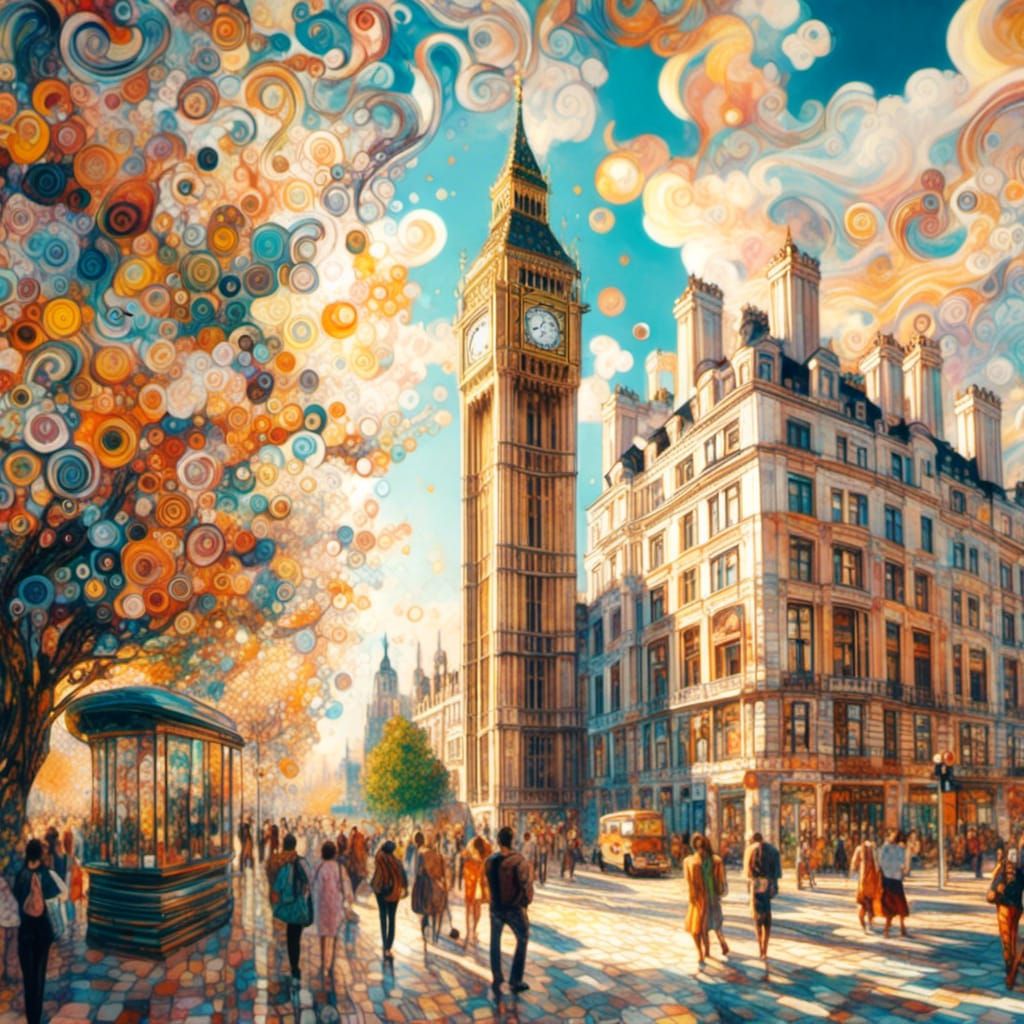 <lora:GustavKlimt1XL:1.0> London quarter Big Ben  Tower  colorful sunny day people in the streets