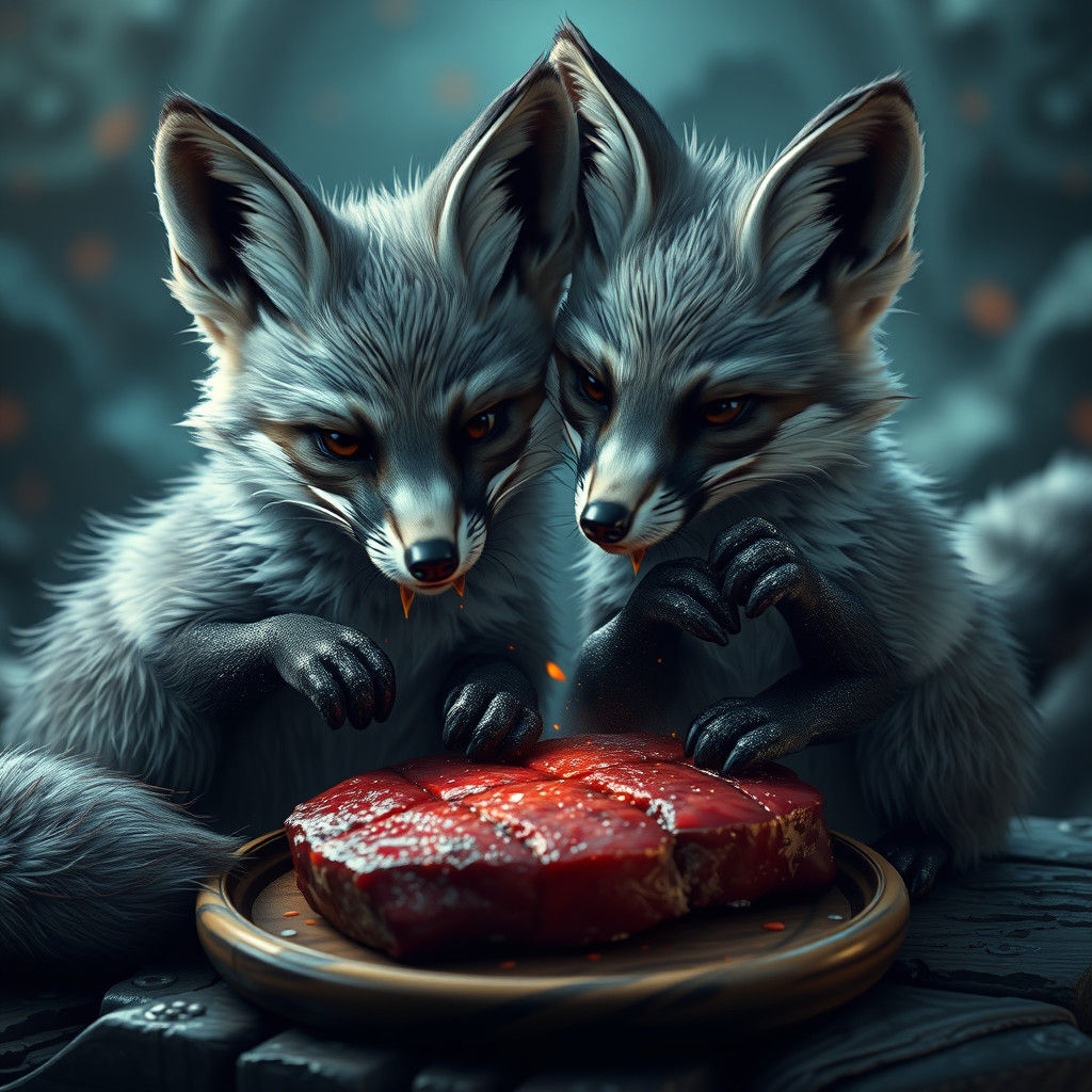Glittering Gray Foxes Feast: Detailed Matte Painting