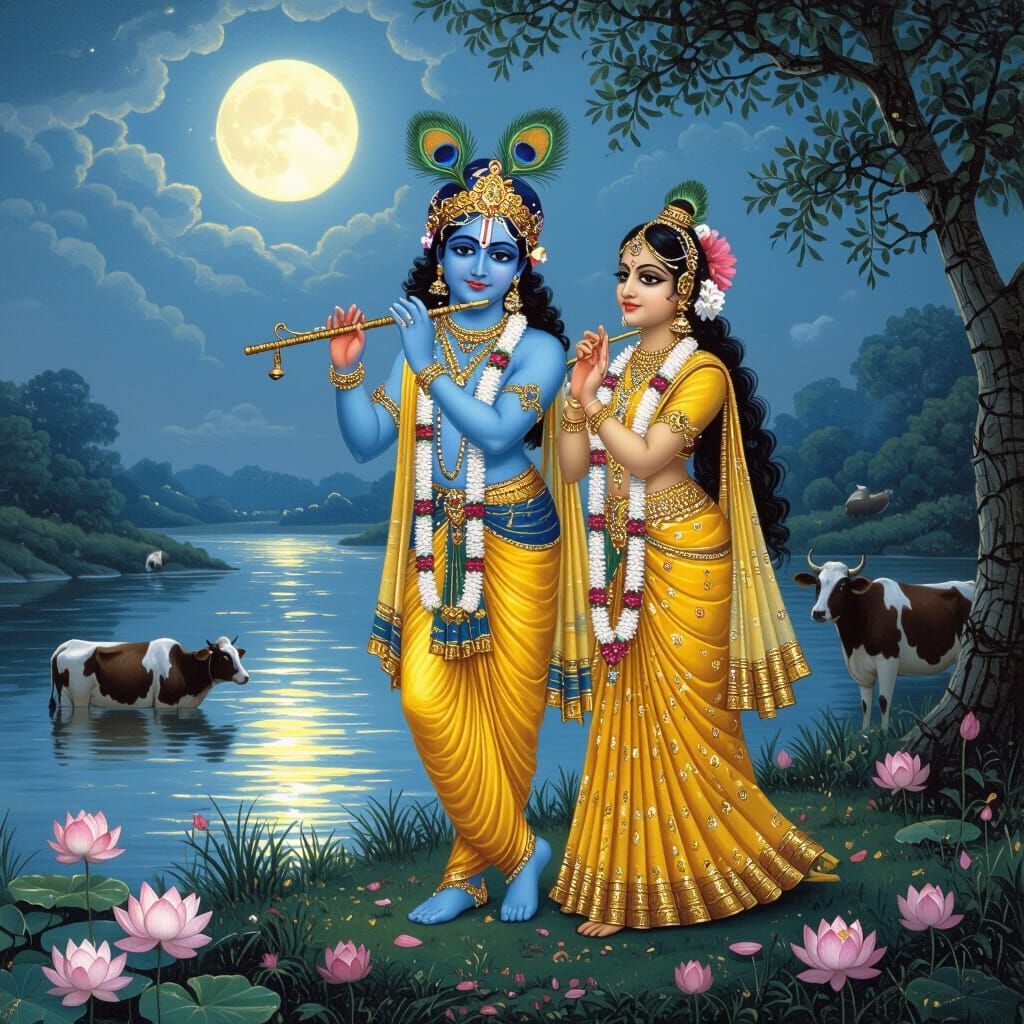 beautiful and serene painting of Lord Krishna standing with Radha near a river under a moonlit sky. He is playing a flute, wearing a peacock...