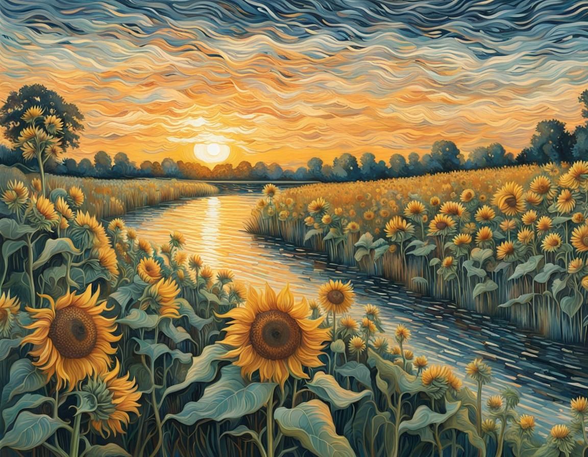 river bank with sunflowers 🌻@ sunrise  by @qu