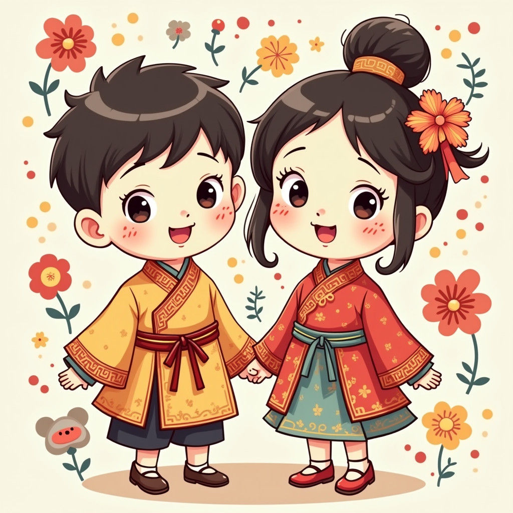 Chinese Children in Cartoon Style