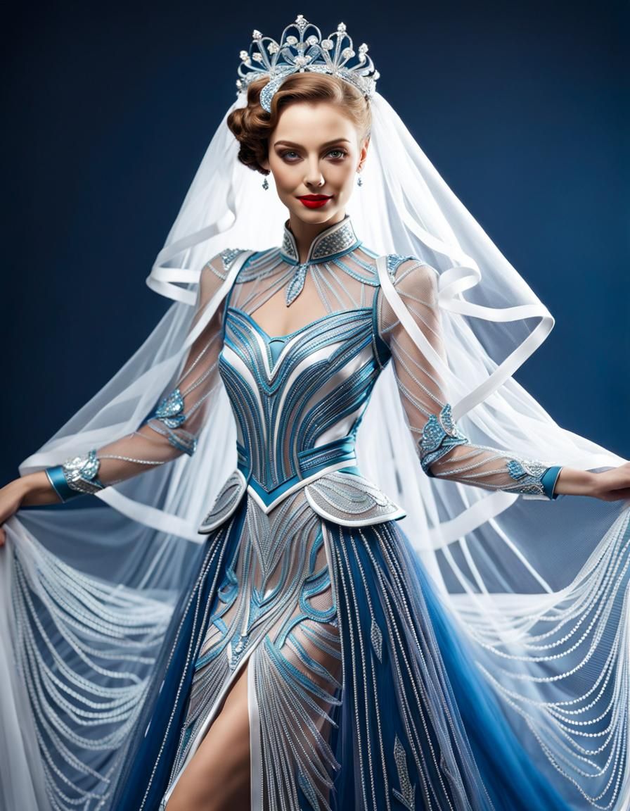 ""beautiful smiling woman wearing an intricate futuristic dr...