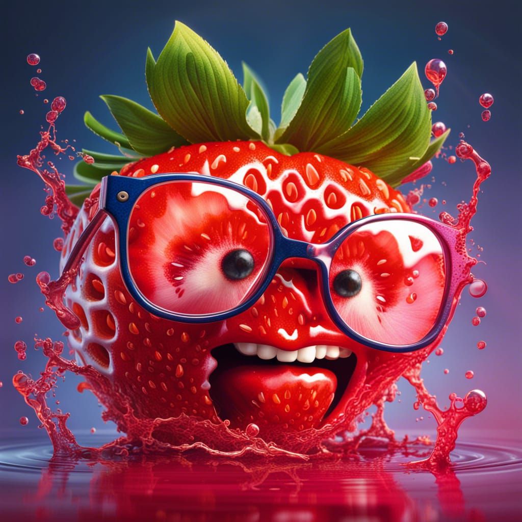 Surreal joyful strawberry with glasses