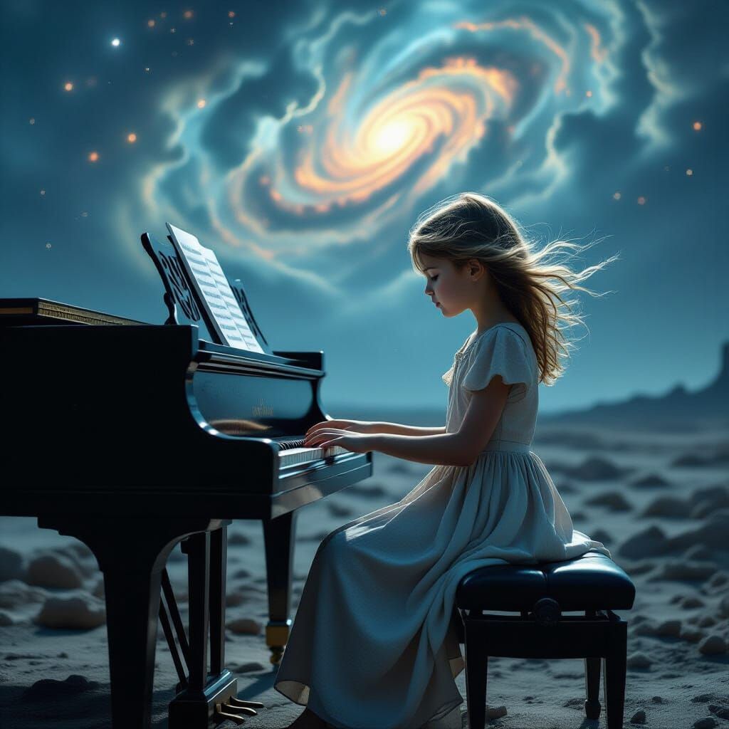 Melancholic Post-Apocalyptic Piano Girl, Hyperrealistic Styl...