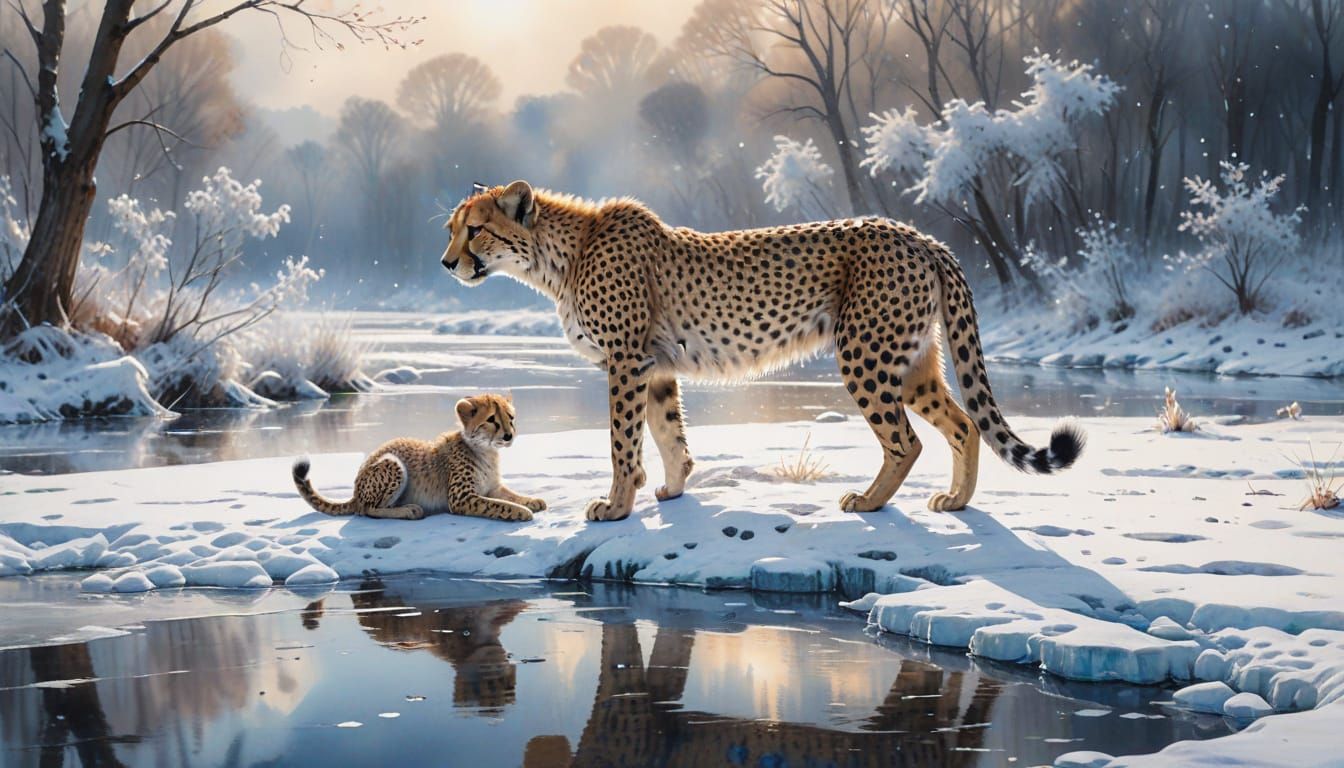 Cheetah and Cubs Drink from Frozen River