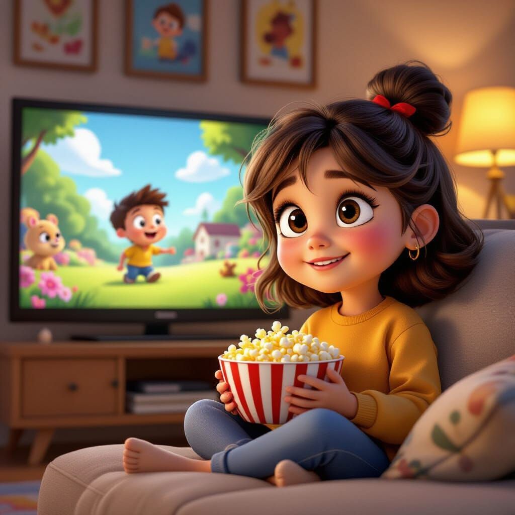 Girl Enraptured by Cartoon Movie on Cozy Sofa
