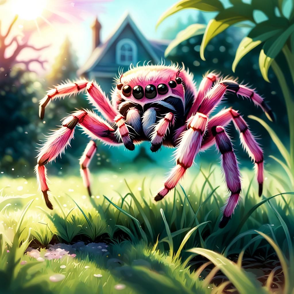 a giant pink jumping spider with rabbit legs and feet hoppin...