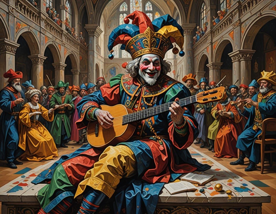 Hofnarr mit Schellenkappe spielt vor dem König ,den Hofdamen sowie den Rittern im Festsaal ...  by @Repainter