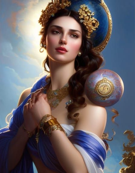 grec goddess holding blue orb fabergé style, head and shoulders ...