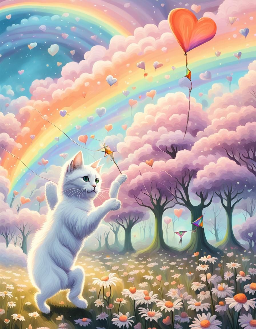 An extreme wide shot of a white cat flying a kite in a lush ...