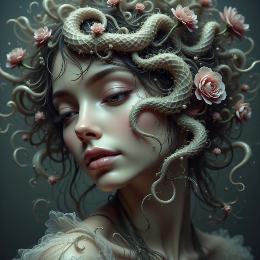 Woman with Roses and Tentacles in Noir Cityscape