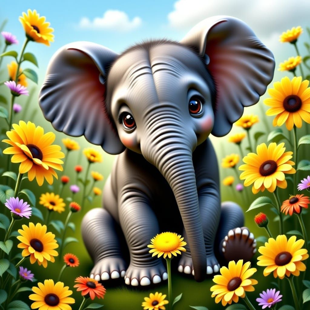Cutest Baby Elephant sitting in a grassy clearing with colorful wildflowers, hyperrealistic, hyperdetailed, Impasto textured brushstrokes  <...