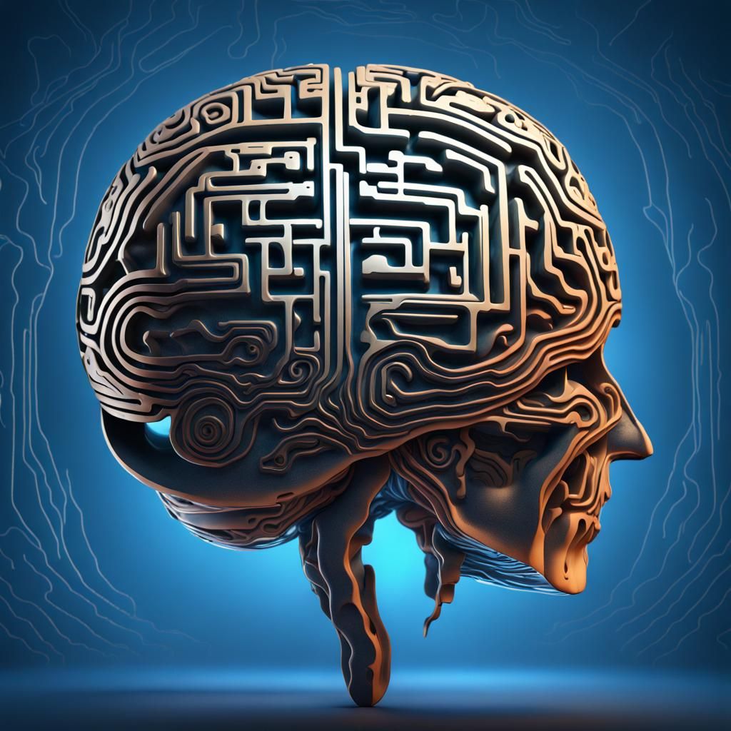 A brain with a labyrinthine pattern etched on it suspended over a hollow head in front of a blue background.