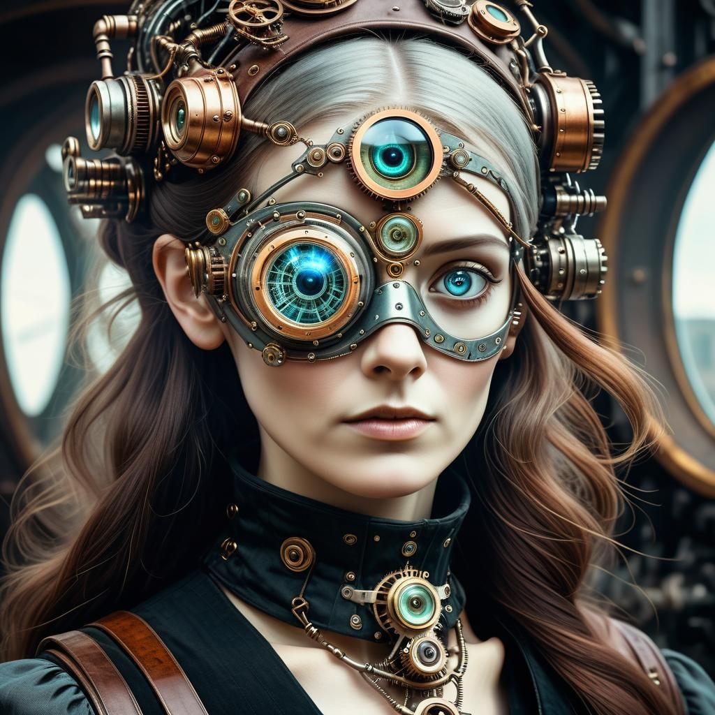 a portrait of a woman from victorian times. she is wearing a cybernetic ocular implant over her eye  by @Physarium