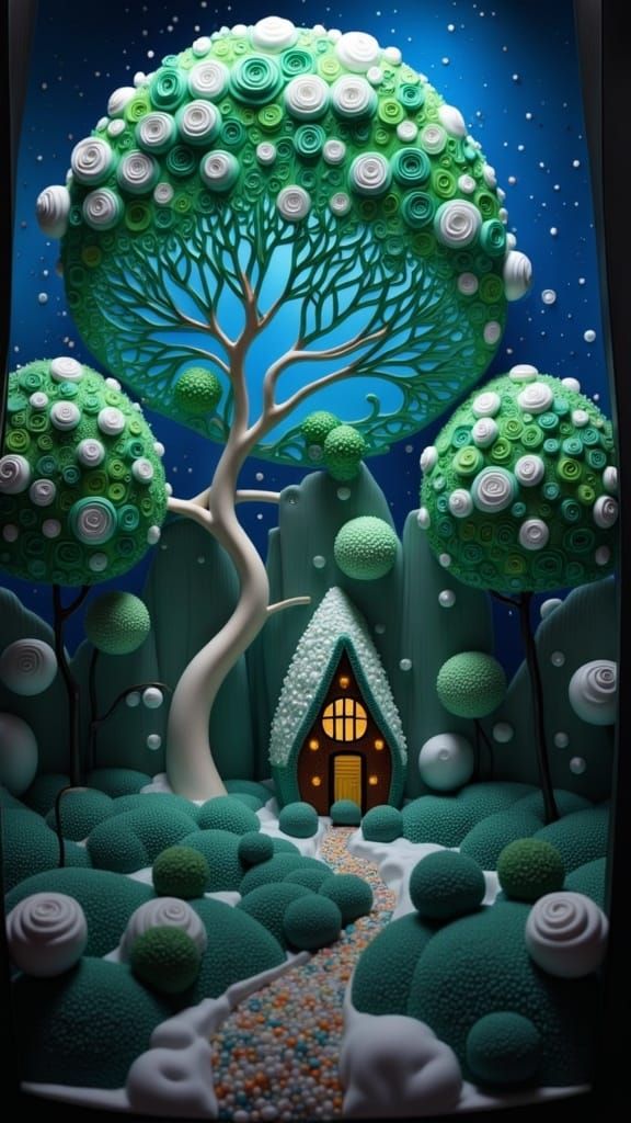 A fantastically detailed gingerbread house in a snowy winter wonderland, with candy cane trees and a gumdrop path. <lora:Klimt Craft 2:1.0>...