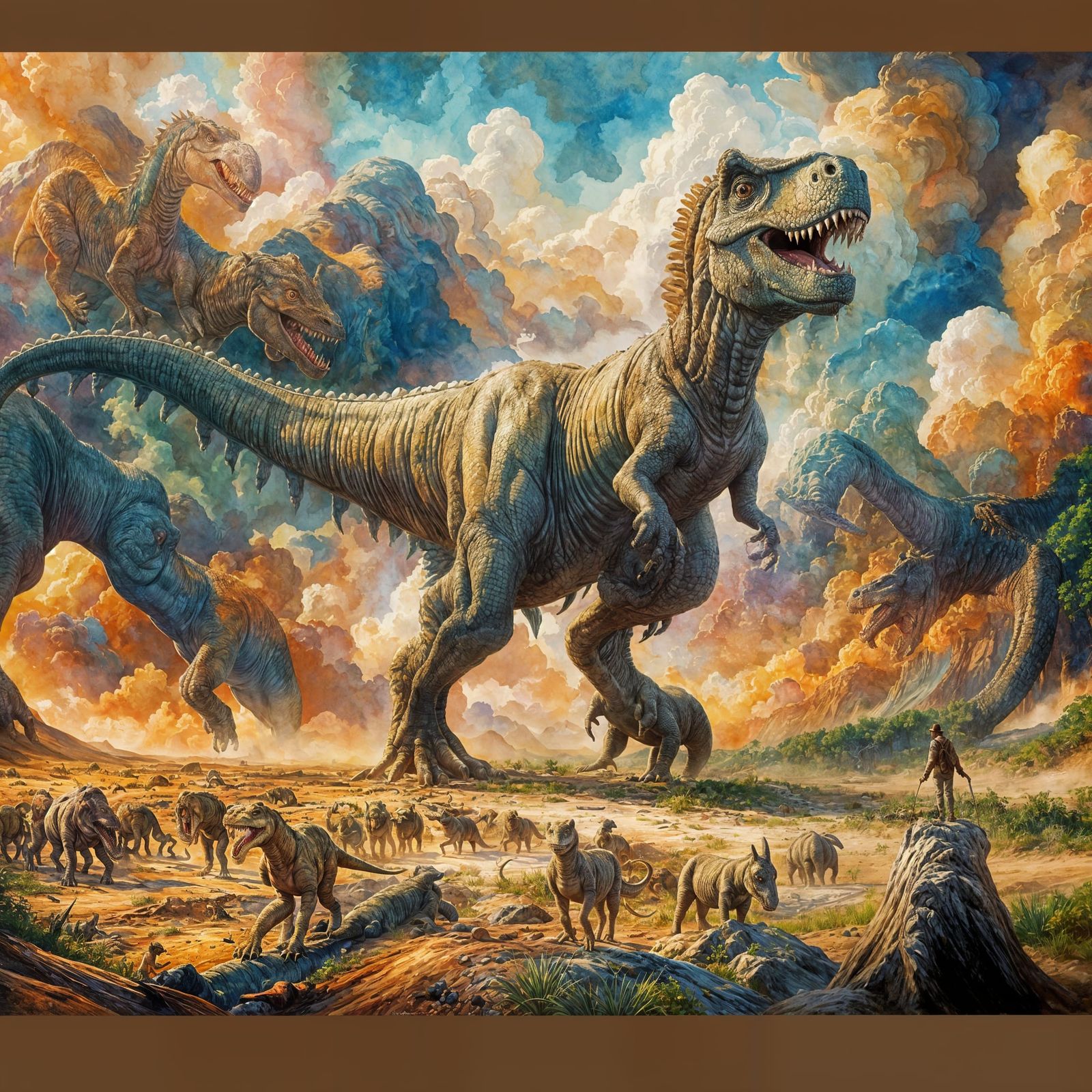 Dinosaur's Majestic Footprints in Impressionist Gouache Styl...