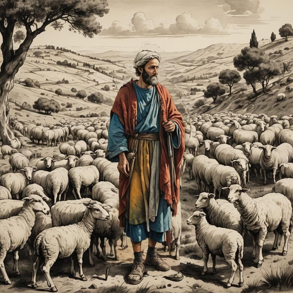 Full body portrait, ancient times, Israel King David as a young boy taking care of the sheep, on a hillside, lambs are nearby, pen and ink d...