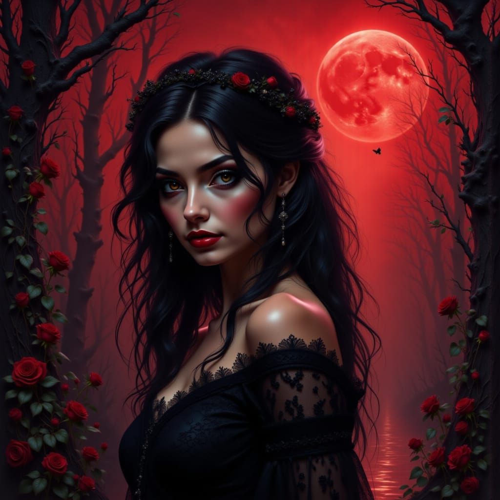 Gothic Woman Under Fiery Full Moon