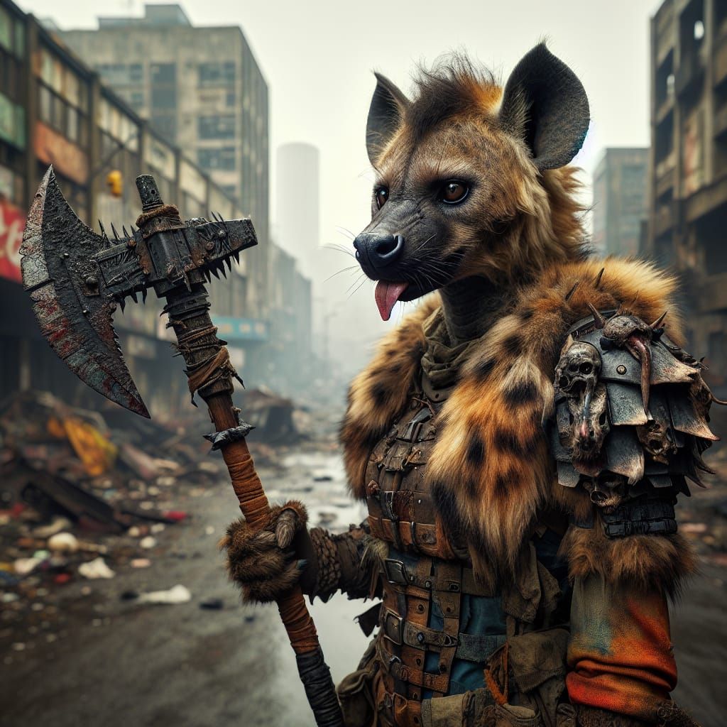 Hyena Warrior in Dystopian City, Hyper-Realistic
