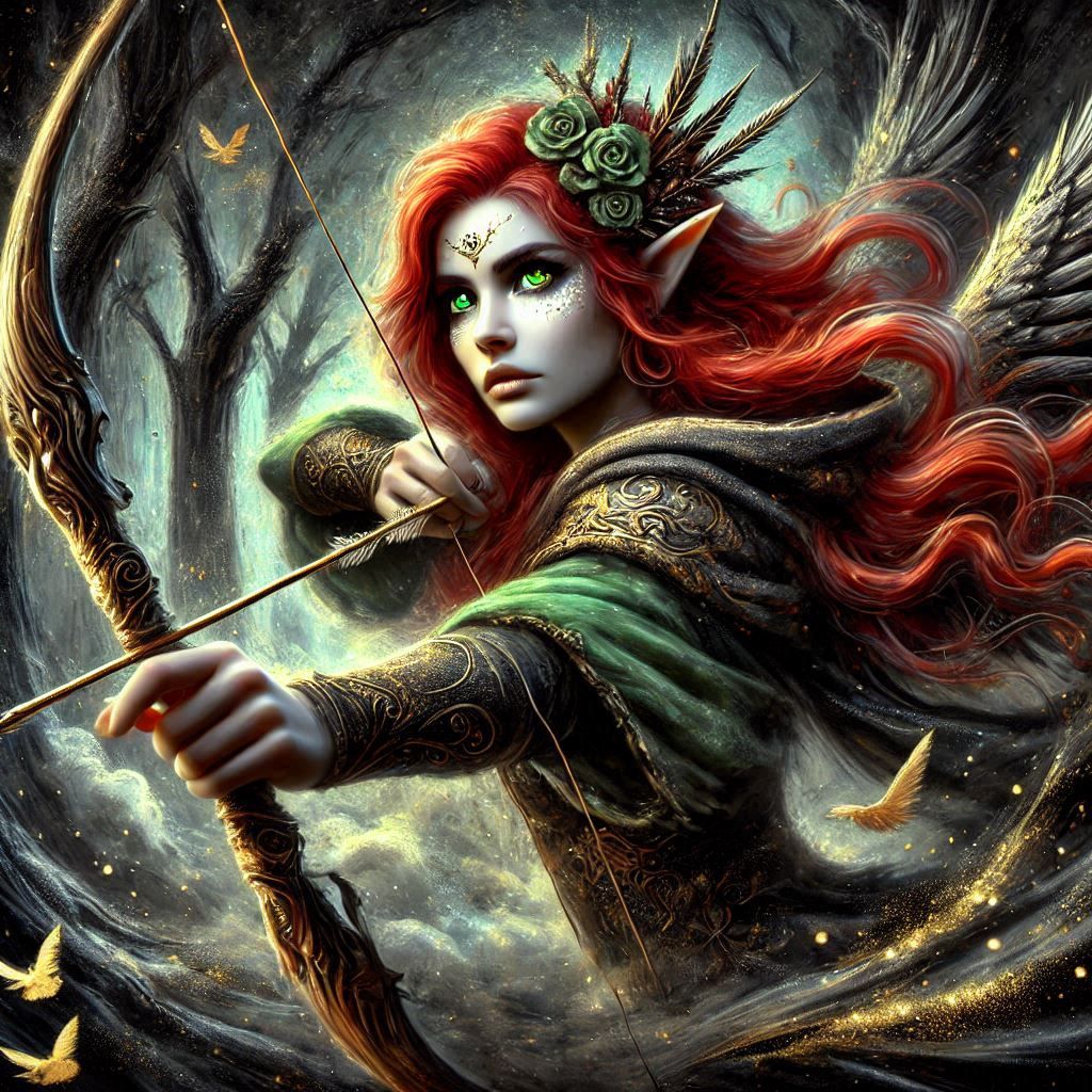 A beautiful fairy hunting with a bow and arrow