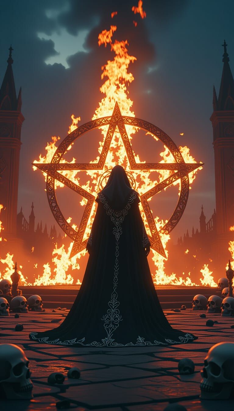 ​An ultra hyper-realistic cinematic 8k photo of a powerful witch standing in the center of a massive burning pentagram. Flames rise high int...