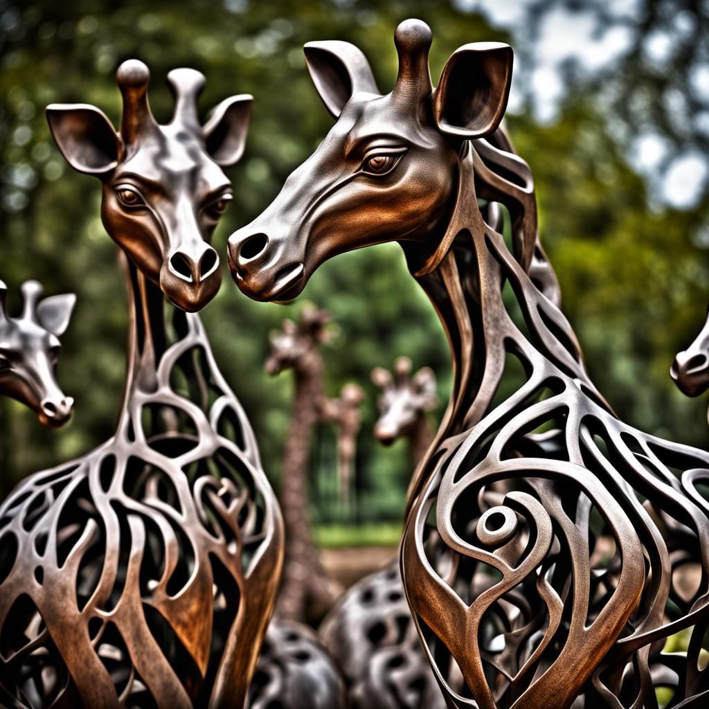 Abstract metal sculpture of hearts within hearts in a sculpture garden