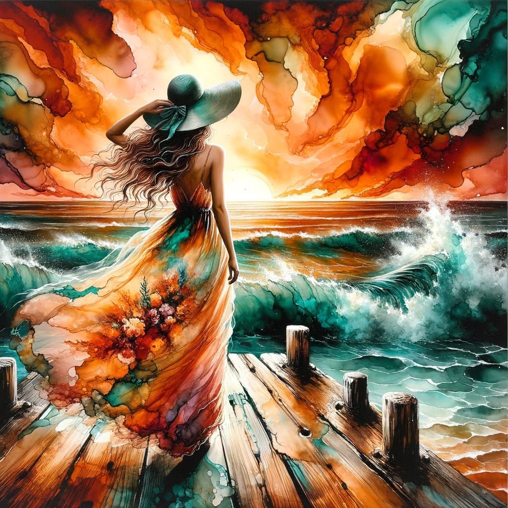 An (alcohol ink) painting of a woman in flowing sundress & wide brim hat stands at the edge of a weathered wood pier with one hand holding h...