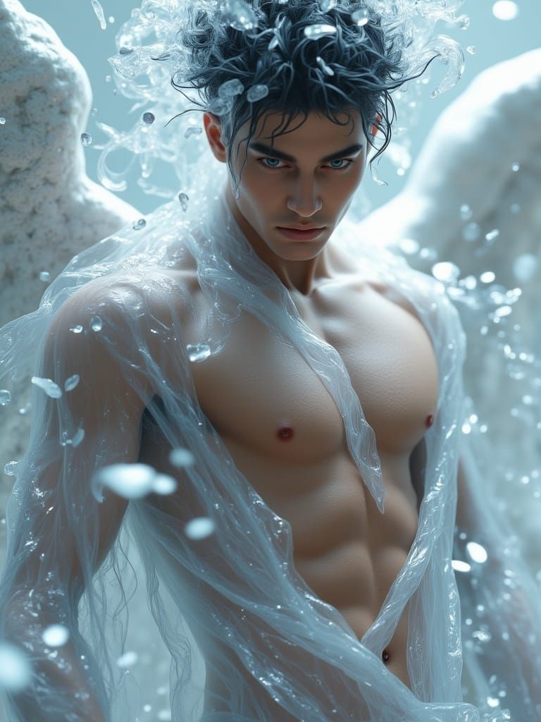 <lora:Future-Punk:1.0> Beautiful guy, torso, reflection of geometric figures, Gray big eyes, mood, clear translucent silver skin, silver pet...