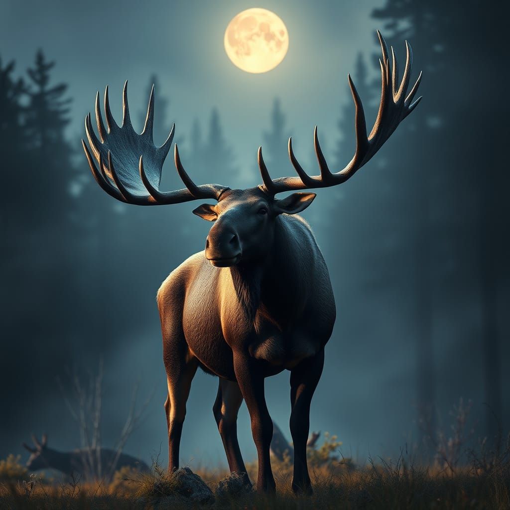 Cinematic film still. A majestic moose with enormous antlers stands in a clearing in a misty forest, bathed in the soft glow of moonlight. T...