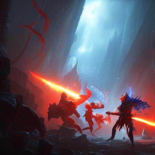 An Elf and A human wearing blue and red tabards fighting lar...
