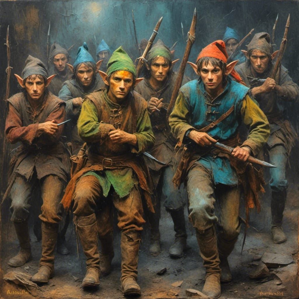 Elves at war in the style of a grungy oil chalk painting. <lora:Oil Chalk Paintings:1.0> 
