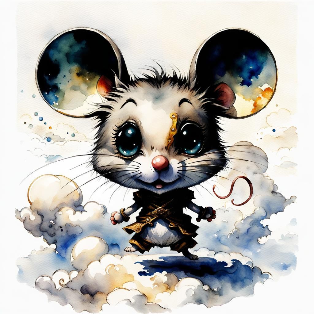 Mouse dancing on a cloud; watercolor painting  by @Hartmut