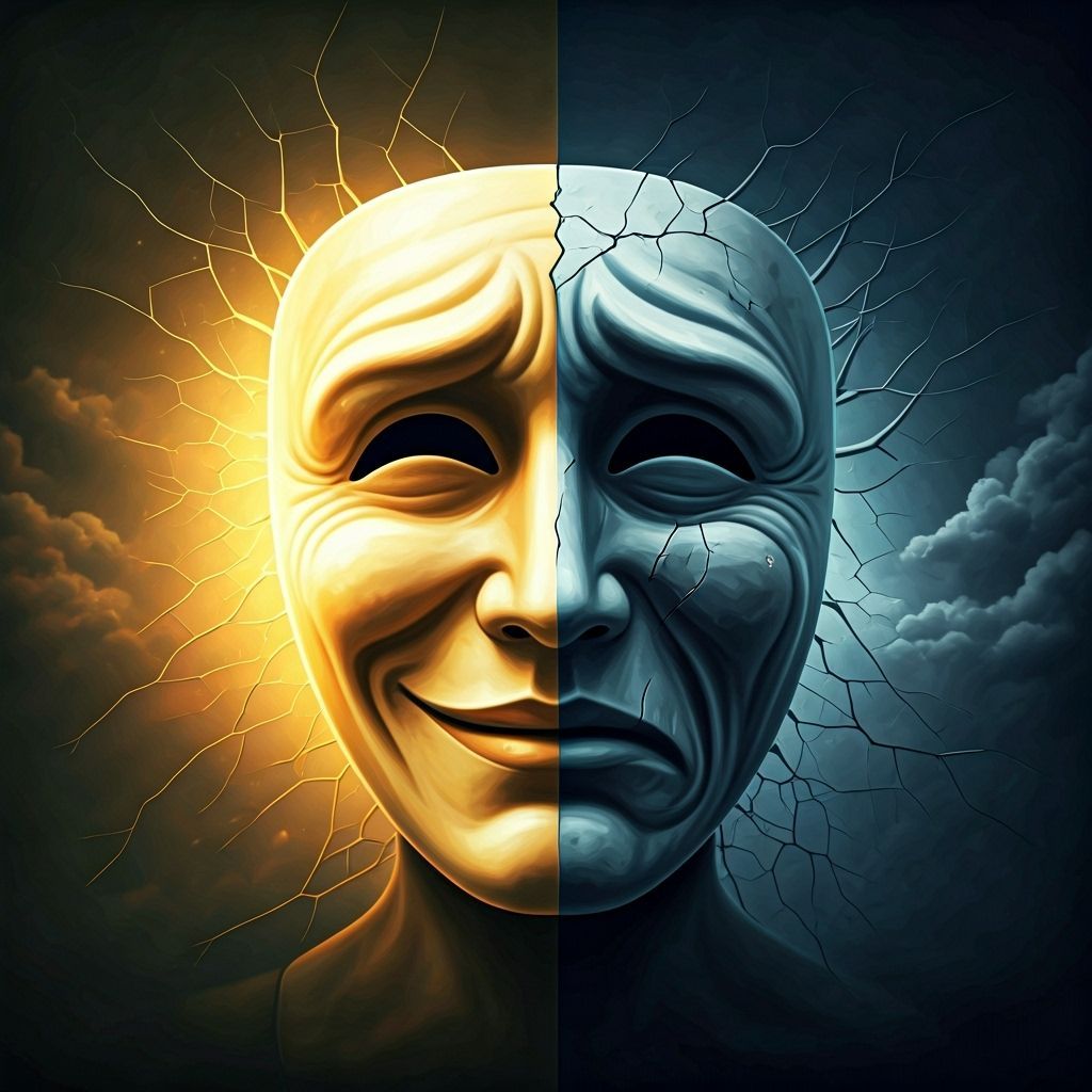 Contrasting Mask: Joy and Sadness in Pastel and Grey