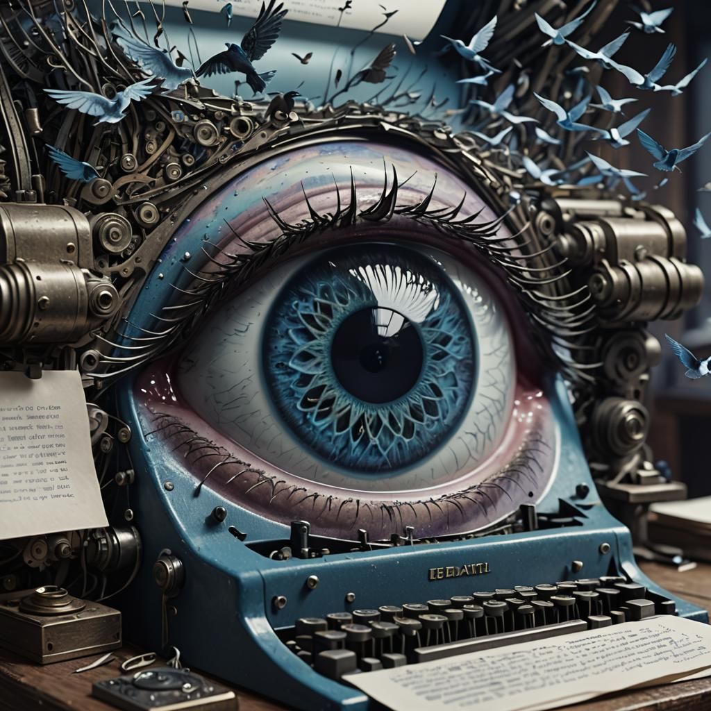 A surreal close-up of a human eye, reflecting an inner world. Inside the eye, there is a typewriter on ...  by @KomBib