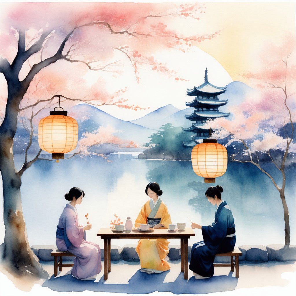 Surreal Japanese Watercolor Scene in Soft Focus