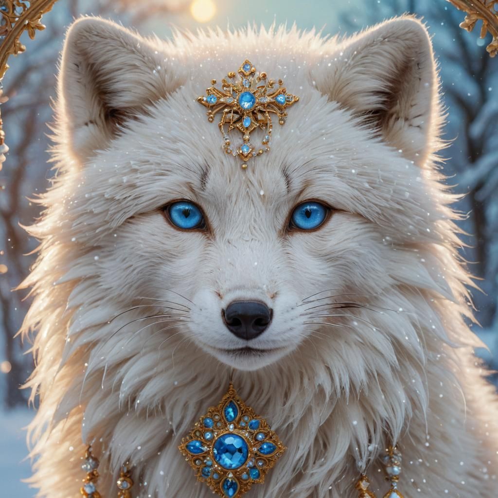 Jeweled Arctic Fox Portrait in Art Nouveau Style