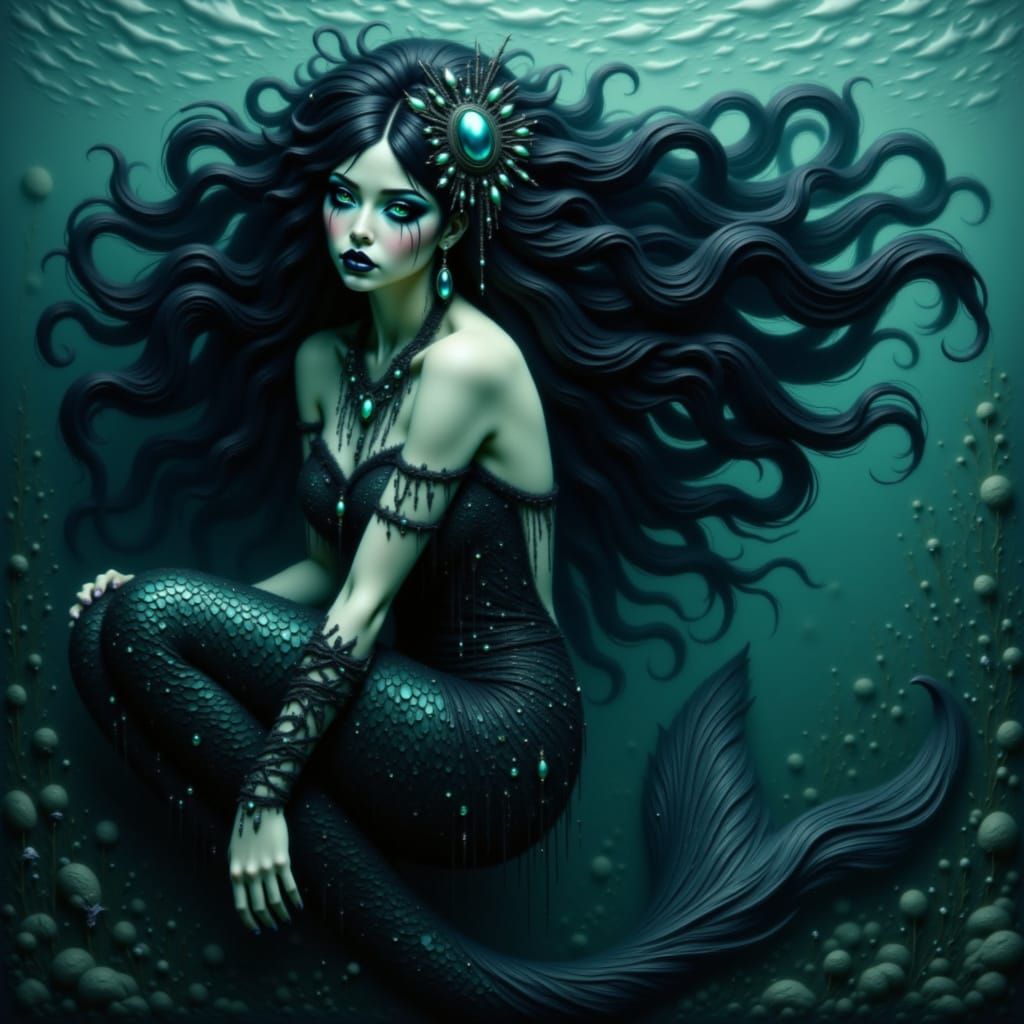 <lora:Big Hair Test Run:1.0> big hair, Dark fantasy art. Medium shot. A gothic mermaid swims beneath the waves. Close up. dark makeup, Gothi...