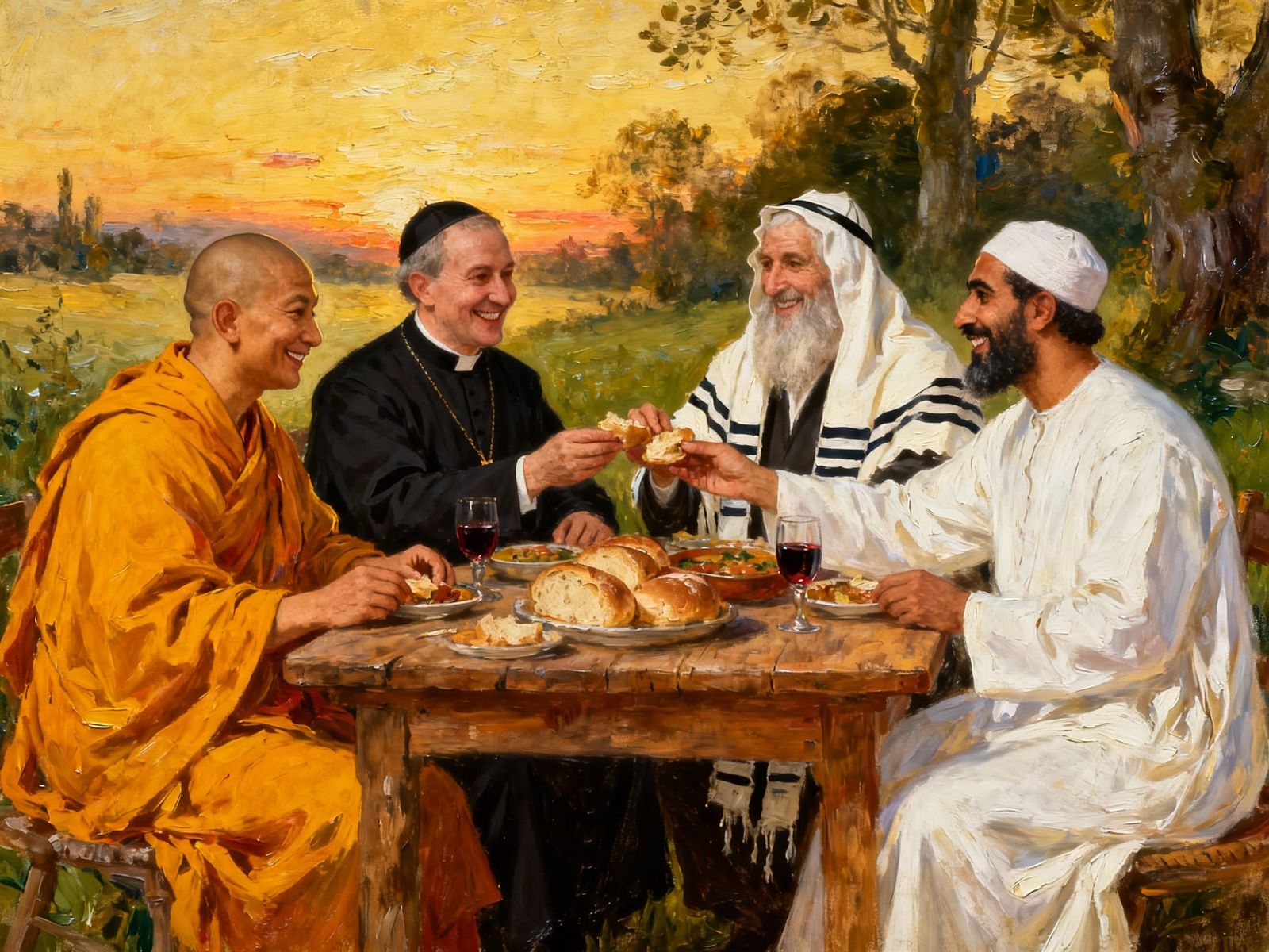 Diverse Faith Leaders Share Meal in Harmonious Countryside