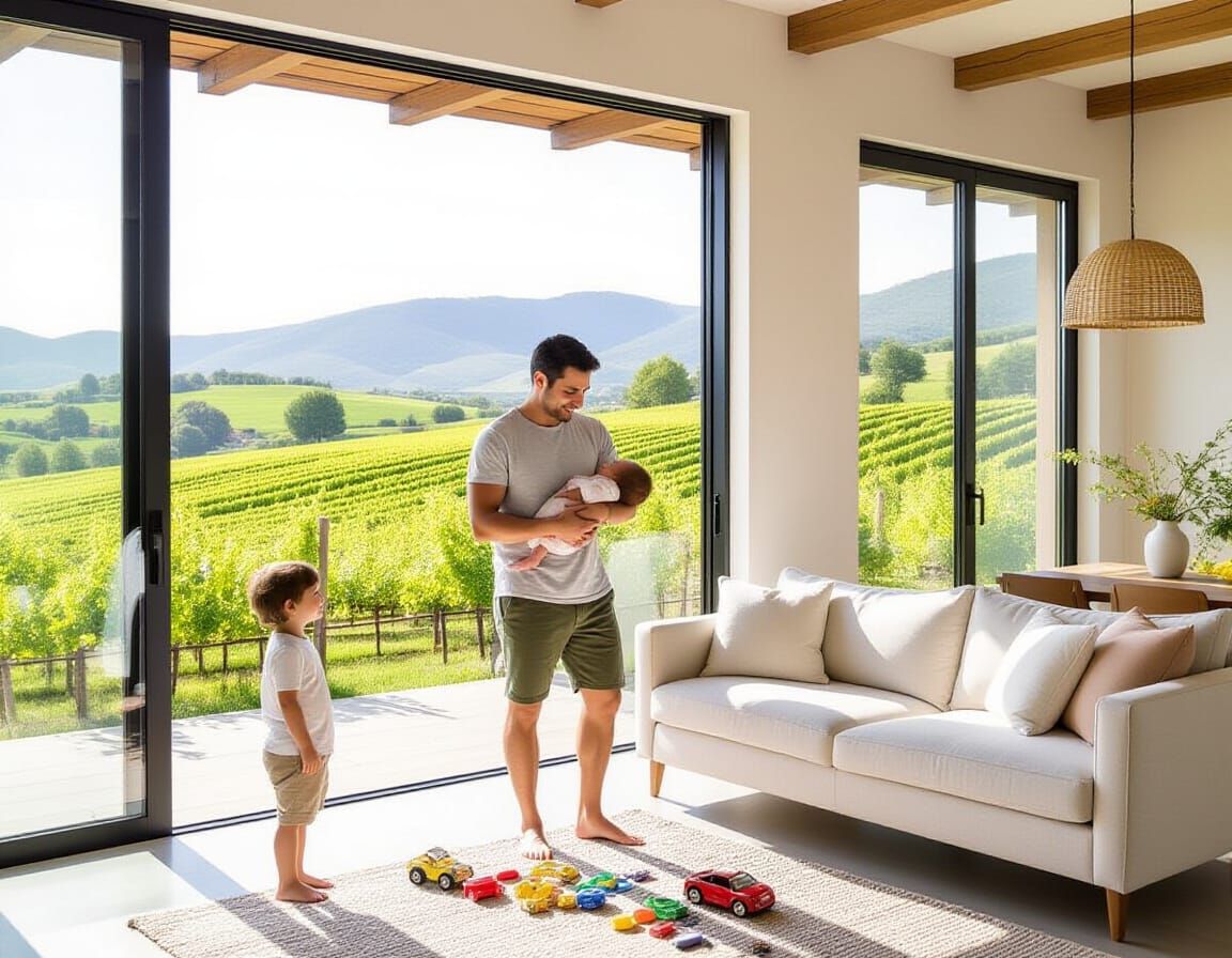 גבר בן שלושים בעל שיער שחור שמסופר בתספורת קלאסית, ועיניים ירוקות בעל מבנה גוף אתלטי, עומד באמצע סלון של דירה   
 בקומת קרקע בישוב ירוק וטבע...