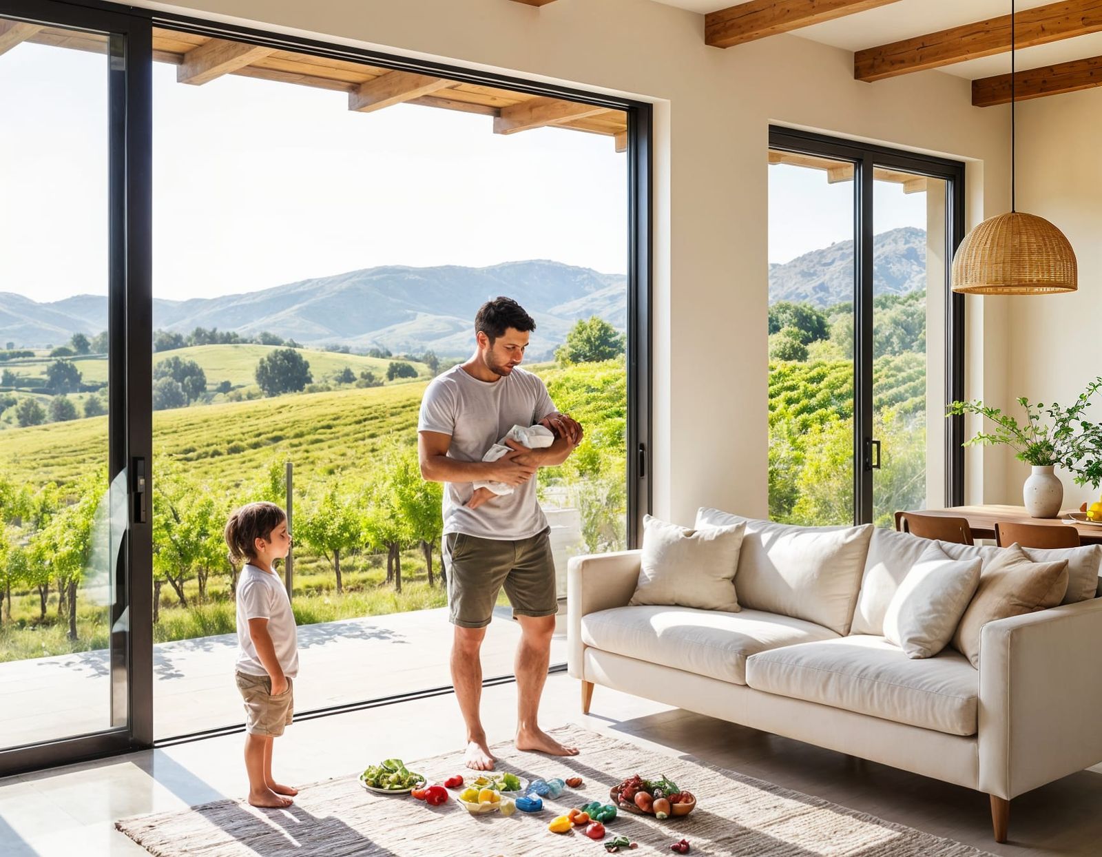 Athletic Man Holding Baby in Modern Home with Vineyard View