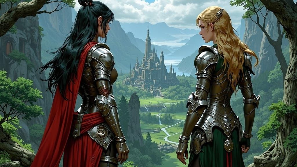Elven and Human Warrior Women Guarding Ancient Forest City