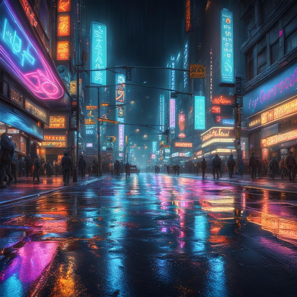 A bustling city street at night, with bright lights and neon signs - AI ...