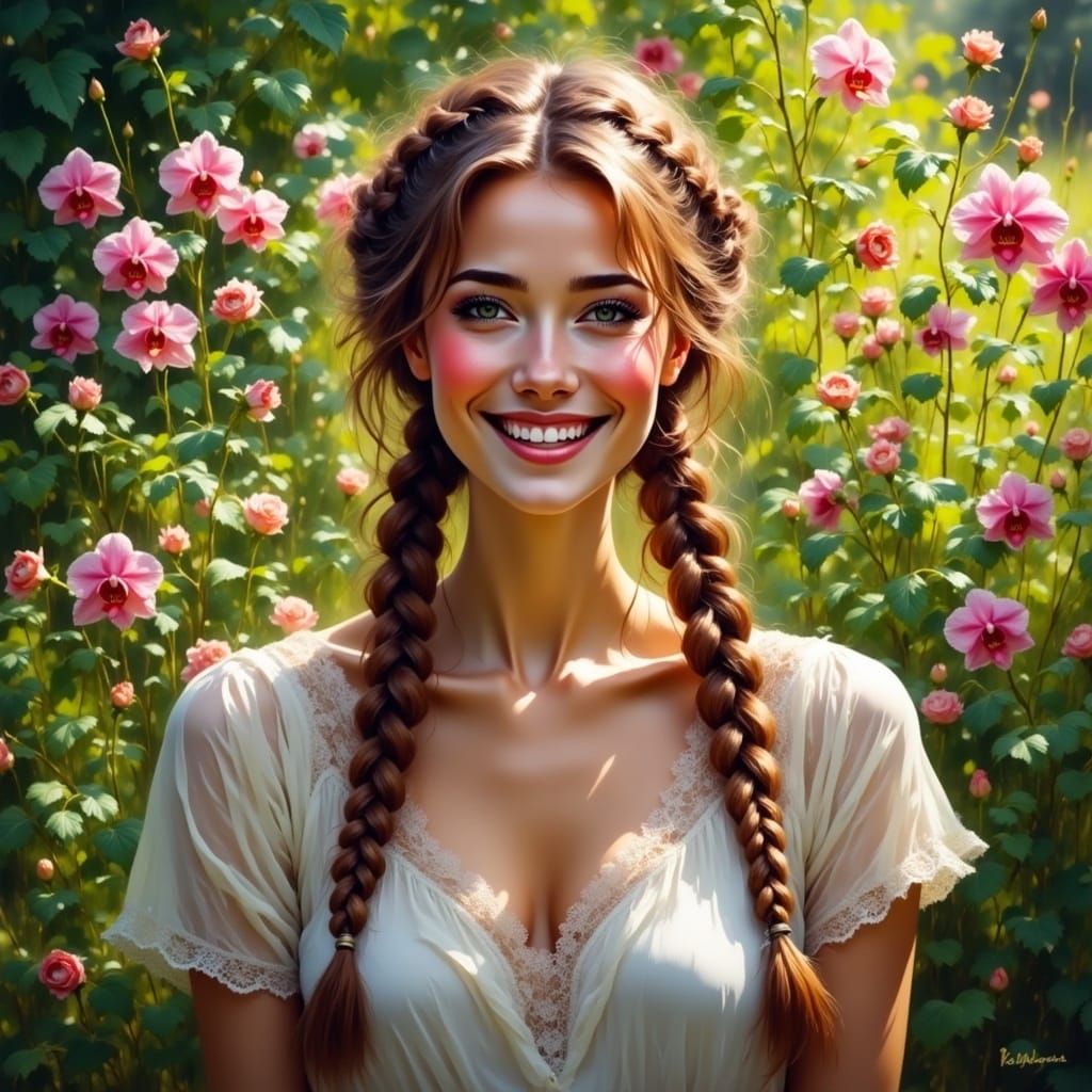 <lora:Smile:1.0> woman, smile, fishtail braids, in the garden, flowers