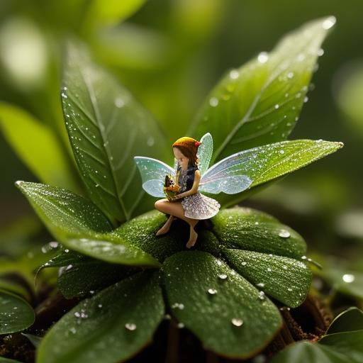 Macro photography of a tiny fairy sitting on a mushroom. Dew...