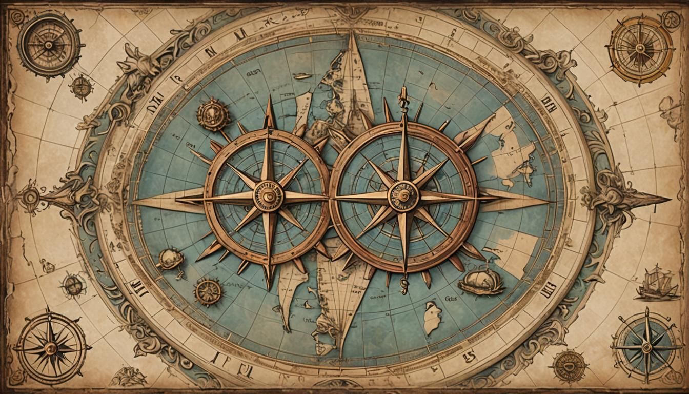 An ancient nautical map showing trade routes, mythical sea c...