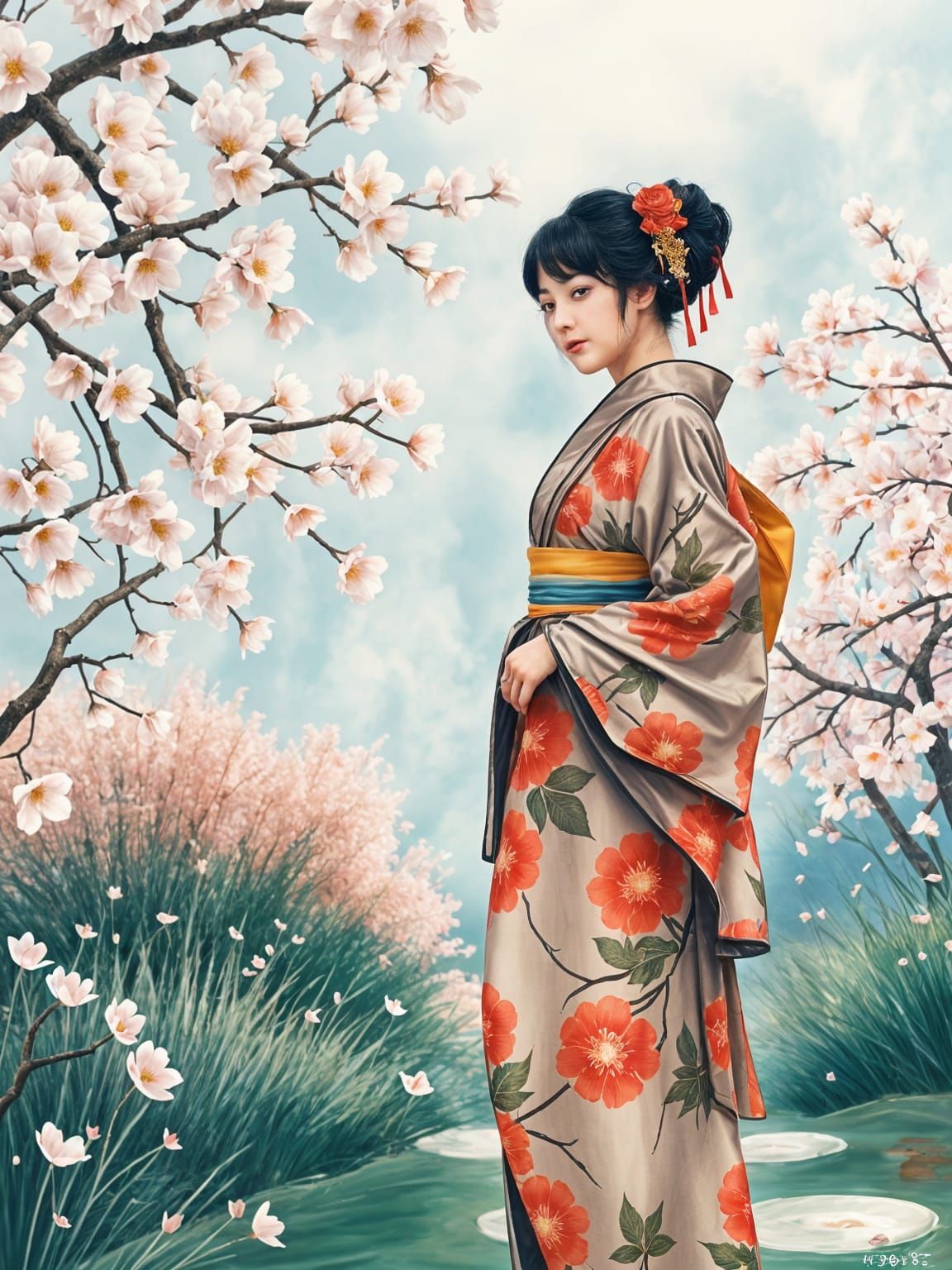 Woman Meditating with Flower of Life in Beautiful Space