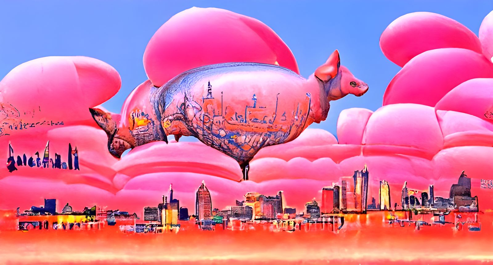 Cleveland Ohio skyline in the style of Roger Dean small pink...