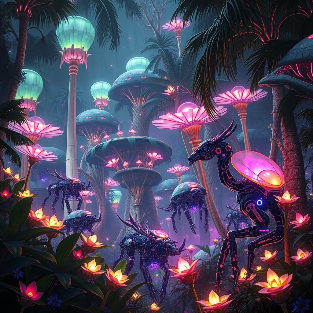 "Cybernetic jungle with robotic animals, glowing flora, futuristic 8K"